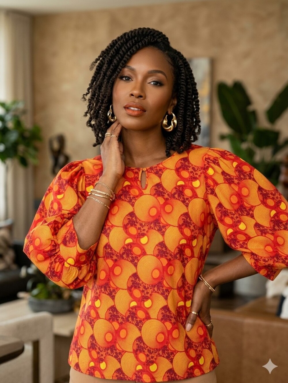Ashro Orange and Yellow Geo Puff Sleeve Blouse